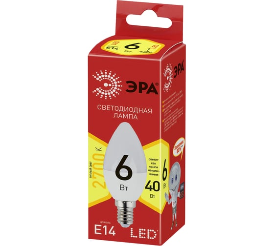 Светодиодная лампа ЭРА ECO LED B35-6W-827-E14, свеча, теплый Б0020618