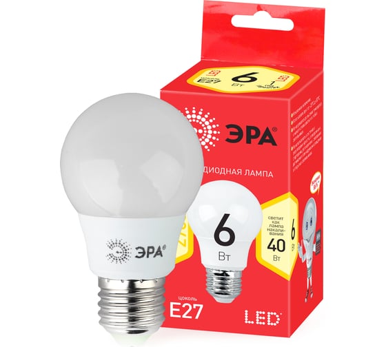 Светодиодная лампа ЭРА ECO LED A55-6W-827-E27, груша, теплый Б0028008