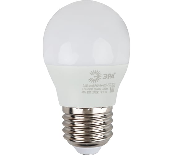Светодиодная лампа ЭРА ECO LED Р45-6W-827-E27, шар, теплый Б0020629 1
