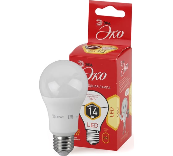 Светодиодная лампа ЭРА ECO LED A60-14W-827-E27, груша, теплый Б0030028
