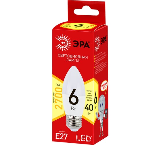 Светодиодная лампа ЭРА ECO LED B35-6W-827-E27, свеча, теплый Б0020620