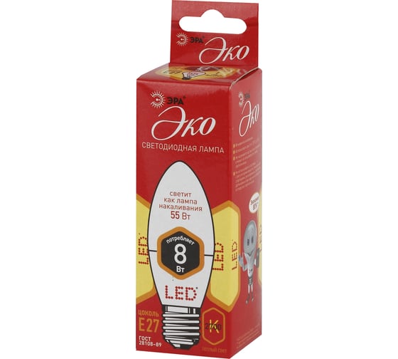 Светодиодная лампа ЭРА ECO LED B35-8W-827-E27, свеча, теплый Б0030020