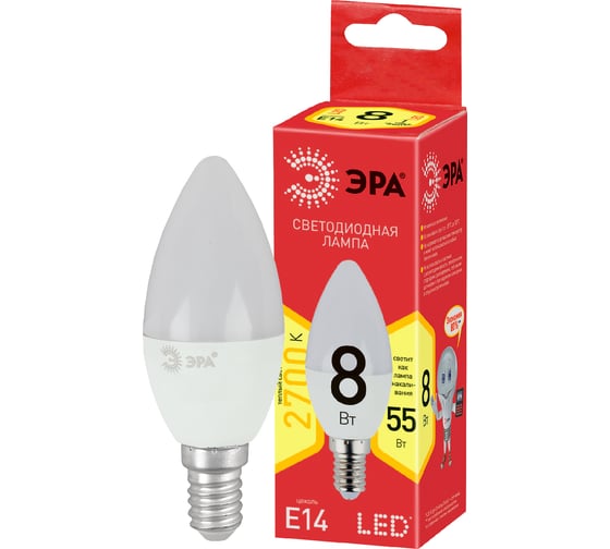 Светодиодная лампа ЭРА ECO LED B35-8W-827-E14, свеча, теплый Б0030018