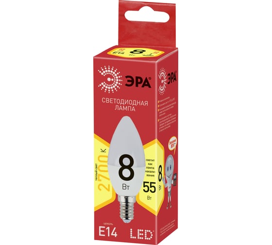 Светодиодная лампа ЭРА ECO LED B35-8W-827-E14, свеча, теплый Б0030018