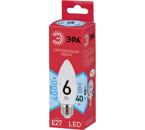 Светодиодная лампа ЭРА ECO LED B35-6W-840-E27, свеча, нейтральный Б0020621