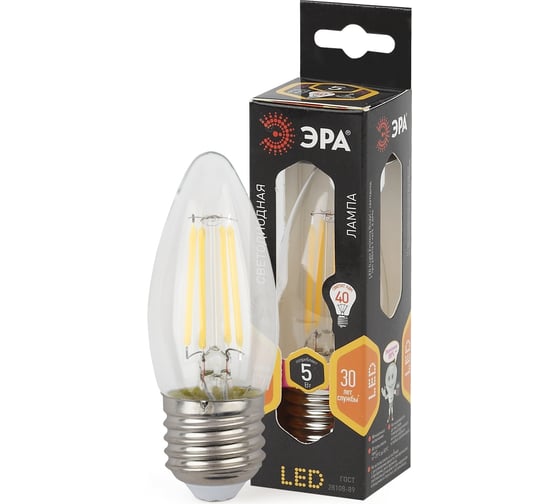 Светодиодная лампа ЭРА F-LED B35-5W-827-E27 филамент, свеча, теплый Б0027933
