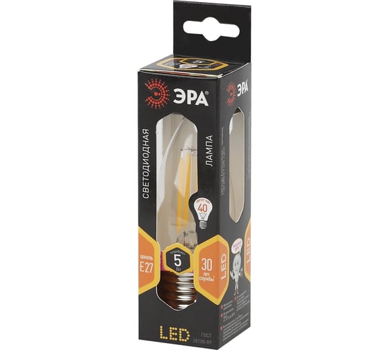 Светодиодная лампа ЭРА F-LED B35-5W-827-E27 филамент, свеча, теплый Б0027933