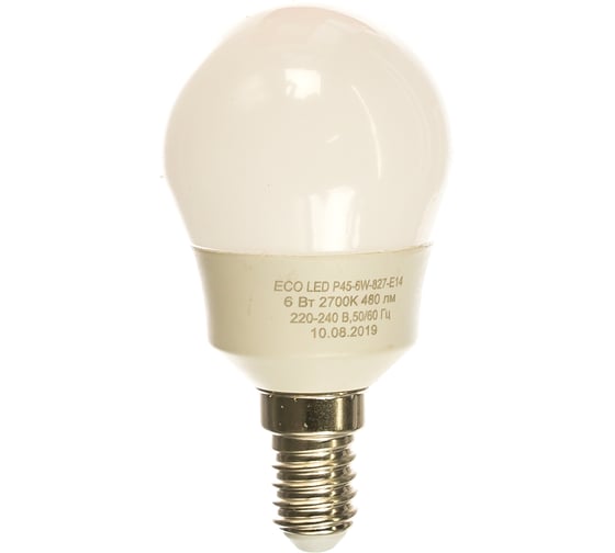 Светодиодная лампа ЭРА ECO LED P45-6W-827-E14, шар, теплый Б0020626