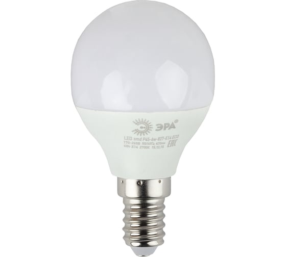 Светодиодная лампа ЭРА ECO LED P45-6W-827-E14, шар, теплый Б0020626
