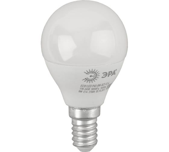 Светодиодная лампа ЭРА ECO LED P45-8W-827-E14, шар, теплый Б0030022