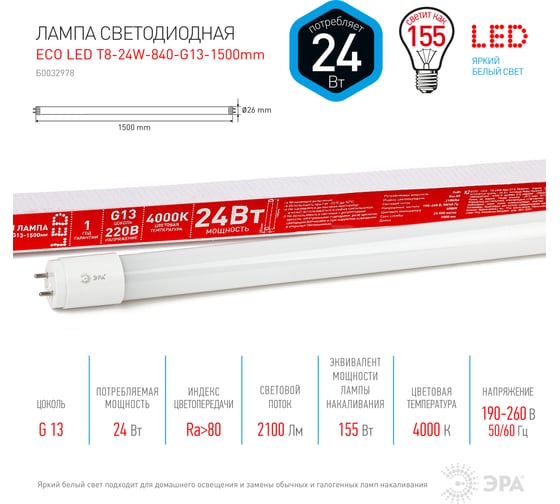 Светодиодная лампа ЭРА ECO LED T8-24W-840-G13-1500mm, трубка стеклянная, нейтральный Б0032978