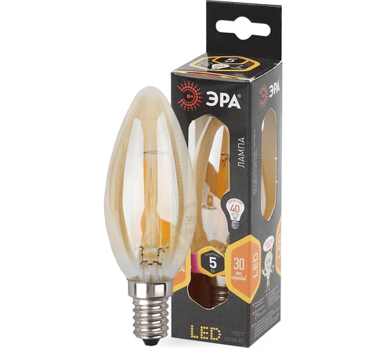 Светодиодная лампа ЭРА F-LED B35-5W-827-E14 gold филамент, свеча золото, теплый Б0027939