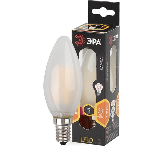 Светодиодная лампа ЭРА F-LED B35-5W-827-E14 frost филамент, свеча матированная,теплый Б0027925
