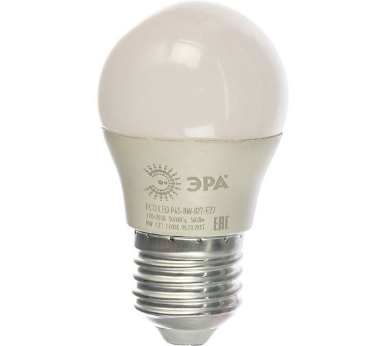 Светодиодная лампа ЭРА ECO LED P45-8W-827-E27, шар, теплый Б0030024