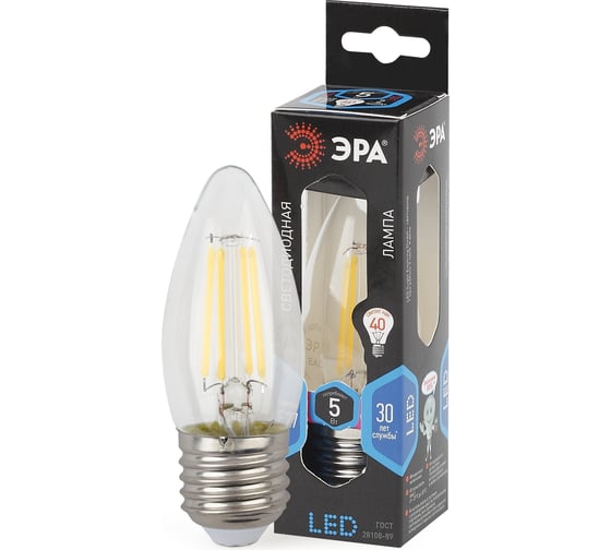 Светодиодная лампа ЭРА F-LED B35-5W-840-E27 филамент, свеча, нейтральный Б0027934