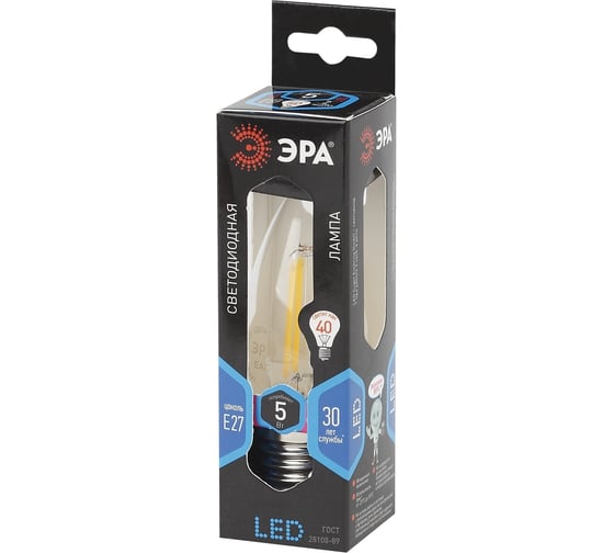 Светодиодная лампа ЭРА F-LED B35-5W-840-E27 филамент, свеча, нейтральный Б0027934