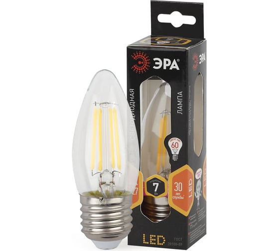 Светодиодная лампа ЭРА F-LED B35-7W-827-E27 филамент, свеча, теплый Б0027950