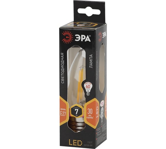 Светодиодная лампа ЭРА F-LED B35-7W-827-E27 филамент, свеча, теплый Б0027950