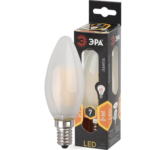 Светодиодная лампа ЭРА F-LED B35-7W-827-E14 frost филамент, свеча матированная, 7Вт, теплый Б0027952