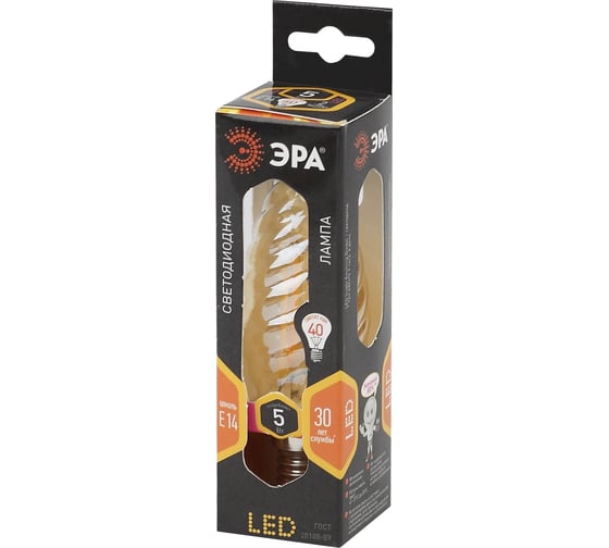 Светодиодная лампа ЭРА F-LED BTW-5W-827-E14 gold филамент, свеча витая золото, Б0027941