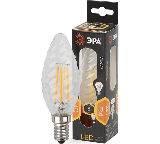 Светодиодная лампа ЭРА F-LED BTW-5W-827-E14 филамент, свеча витая, теплый Б0027935