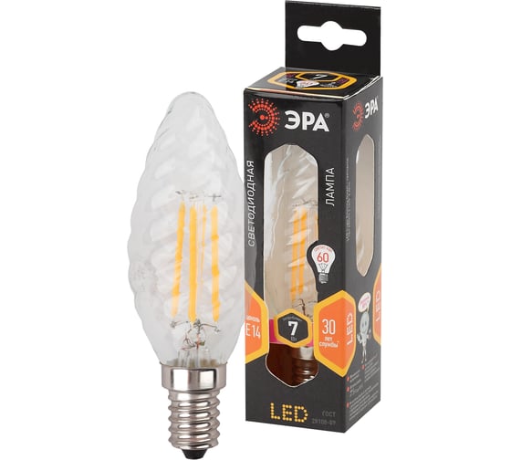 Светодиодная лампа ЭРА F-LED BTW-7W-827-E14 филамент, свеча витая, теплый Б0027960