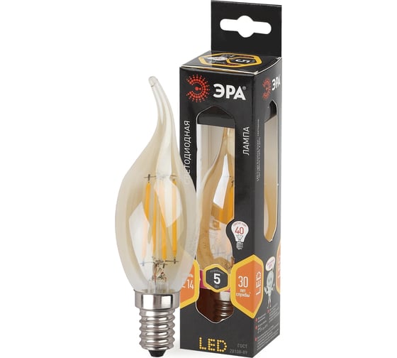 Светодиодная лампа ЭРА F-LED BXS-5W-827-E14 gold филамент, свеча на ветру золото, теплый Б0027940