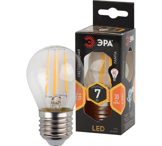 Светодиодная лампа ЭРА F-LED P45-7W-827-E27 филамент, шар, теплый Б0027948