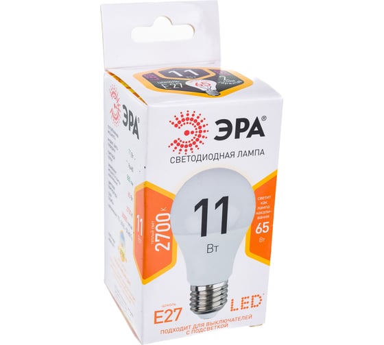 Светодиодная лампа ЭРА LED A60-11W-827-E27, груша, теплый Б0030910