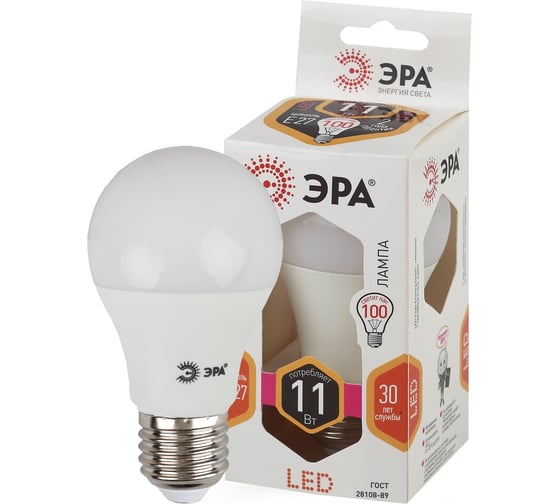 Светодиодная лампа ЭРА LED A60-11W-827-E27, груша, теплый Б0030910