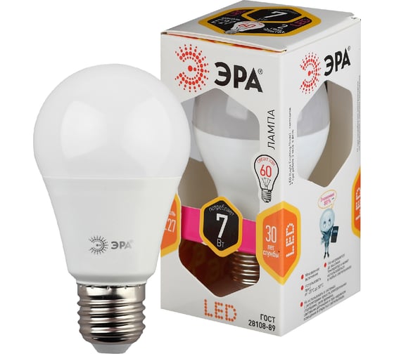 Светодиодная лампа ЭРА LED A60-7W-827-E27, груша, теплый Б0029819