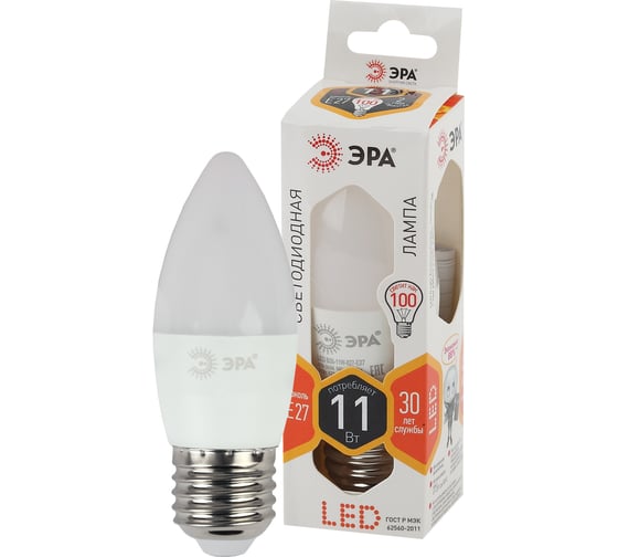 Светодиодная лампа ЭРА LED B35-11W-827-E27, свеча, теплый Б0032981