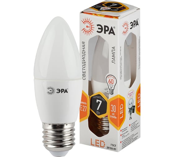 Светодиодная лампа ЭРА LED B35-7W-827-E27 диод, свеча,тепл Б0028479