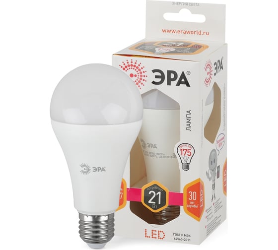 Светодиодная лампа ЭРА LED A65-21W-827-E27, груша, теплый Б0035331