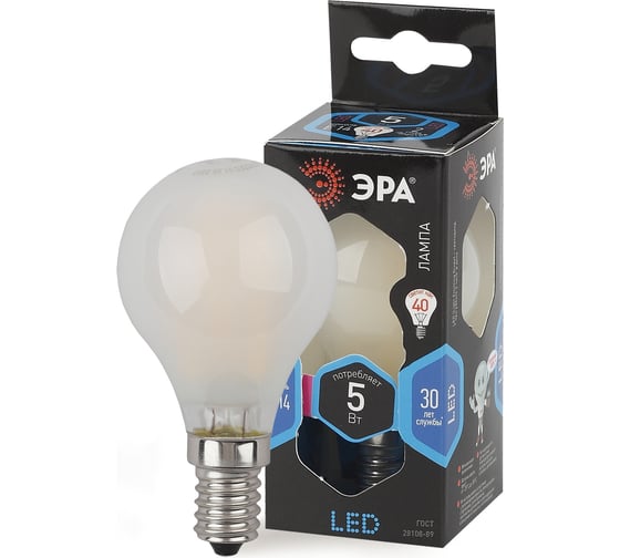 Светодиодная лампа ЭРА F-LED P45-5W-840-E14 frost филамент, шар матированный, нейтральный Б0027930