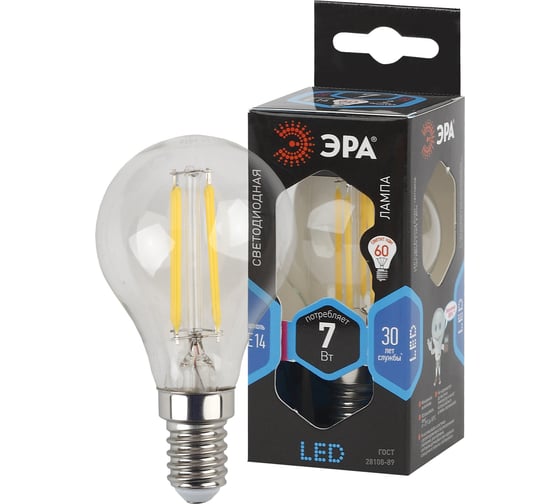 Светодиодная лампа ЭРА F-LED P45-7W-840-E14 филамент, шар, нейтральный Б0027947