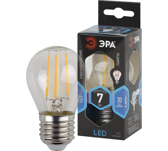Светодиодная лампа ЭРА F-LED P45-7W-840-E27 филамент, шар, нейтральный Б0027949