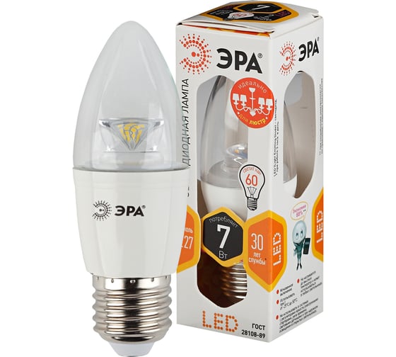 Светодиодная лампа ЭРА LED B35-7W-827-E27-Clear, свеча, теплый Б0028480