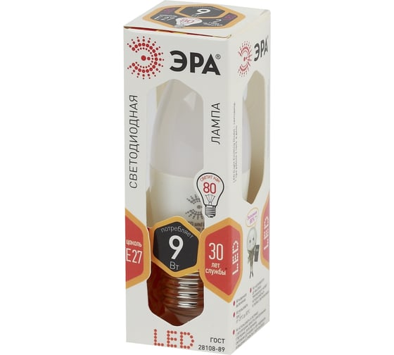 Светодиодная лампа ЭРА LED B35-9W-827-E27 диод, свеча, тепл Б0027971