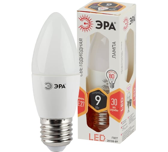 Светодиодная лампа ЭРА LED B35-9W-827-E27 диод, свеча, тепл Б0027971
