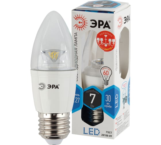 Светодиодная лампа ЭРА LED B35-7W-840-E27-Clear, свеча, нейтральный Б0028481