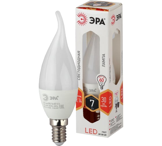 Светодиодная лампа ЭРА LED BXS-7W-827-E14, свеча на ветру, теплый Б0028482