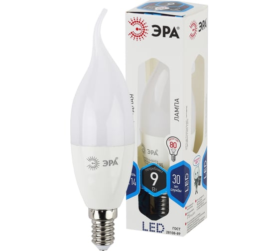 Светодиодная лампа ЭРА LED BXS-9W-840-E14, свеча на ветру, нейтральный Б0027974