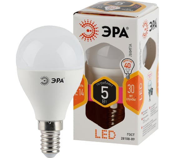 Светодиодная лампа ЭРА LED P45-5W-827-E14 диод, шар, тепл Б0028485