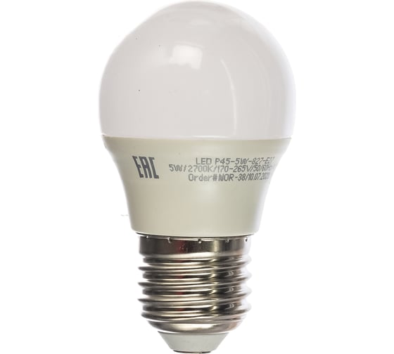 Светодиодная лампа ЭРА LED P45-5W-827-E27, шар, теплый Б0028486