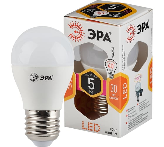 Светодиодная лампа ЭРА LED P45-5W-827-E27, шар, теплый Б0028486
