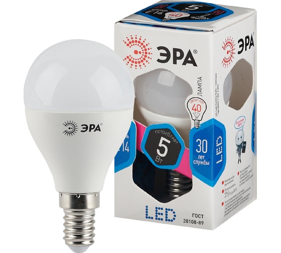 Светодиодная лампа ЭРА LED P45-5W-840-E14, шар, нейтральный Б0028487