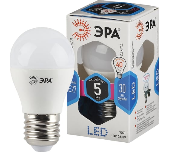 Светодиодная лампа ЭРА LED P45-5W-840-E27, шар, нейтральный Б0028488
