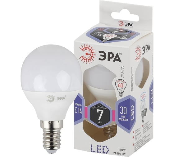 Светодиодная лампа ЭРА LED P45-7W-860-E14, шар, холодный Б0031401
