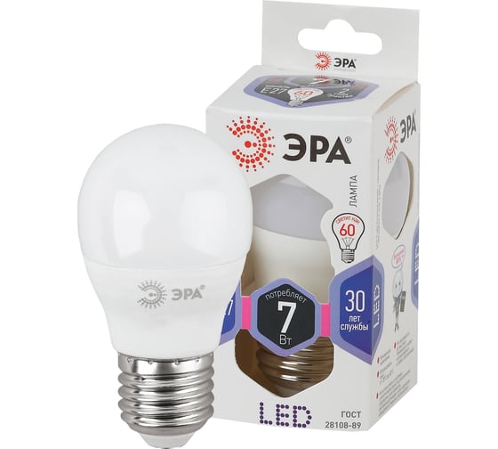 Светодиодная лампа ЭРА LED P45-7W-860-E27, шар, холодный Б0031402